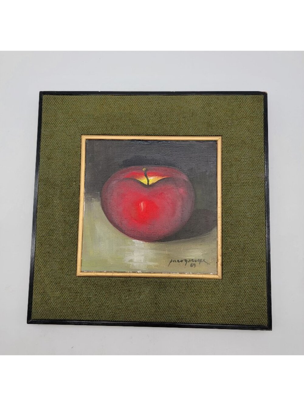 Vintage Paco Gorospe Still Life Painting - Red Apple - Matted Green Frame -Wall